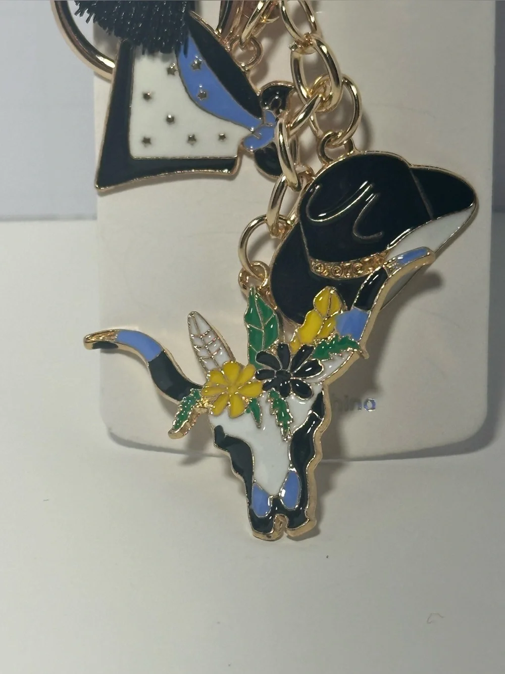 Cow Skull & Cowboy Hat Enamel Keychain - Black, White, Blue, Yellow